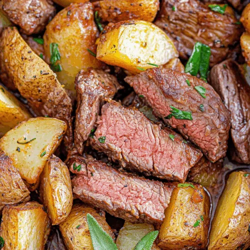 Overhead view of a rustic skillet meal with browned edges and a savory glaze