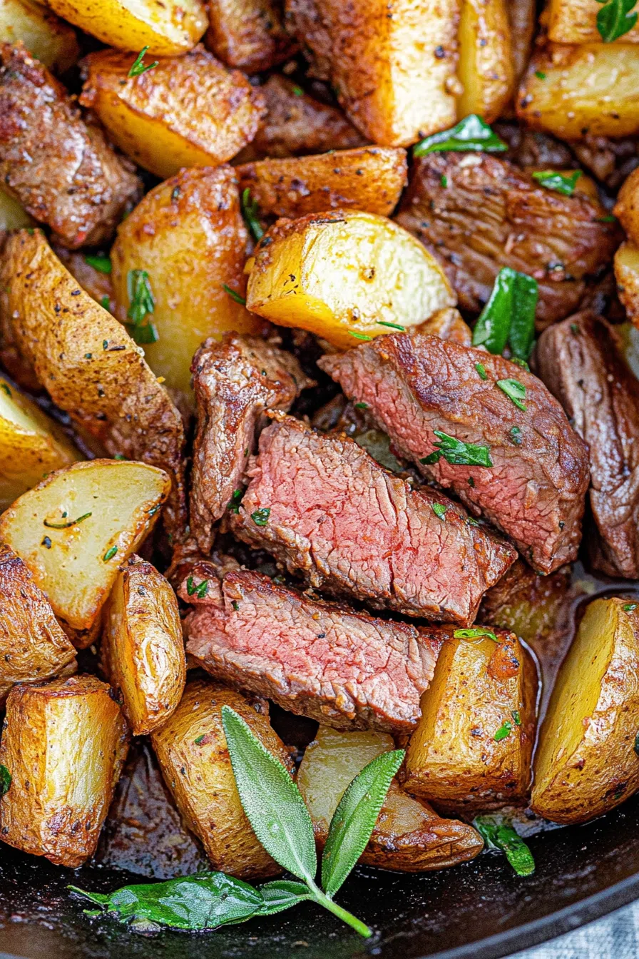 Overhead view of a rustic skillet meal with browned edges and a savory glaze