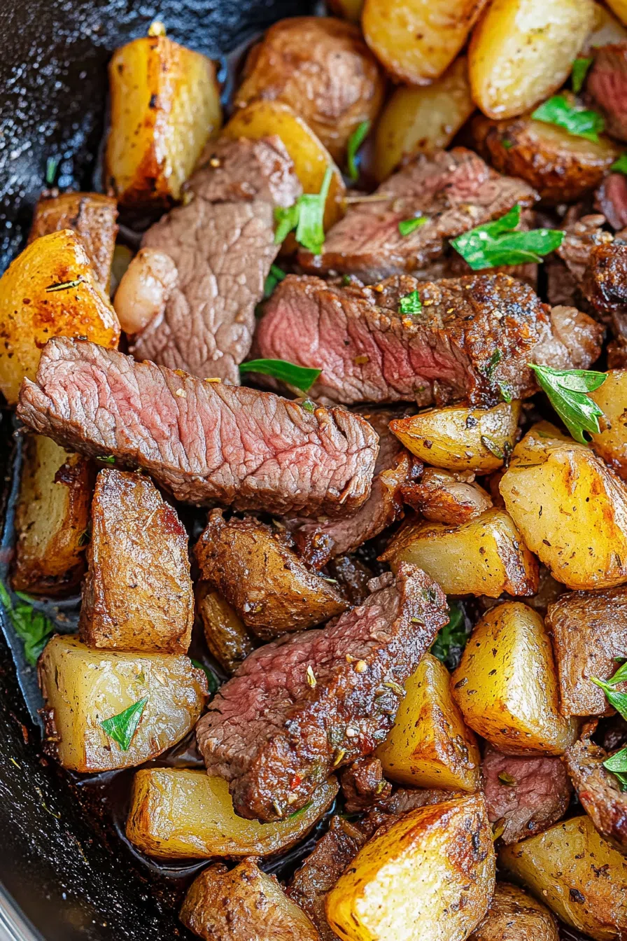 Seared meat pieces and golden potatoes cooked with fresh herbs in a cast iron pan