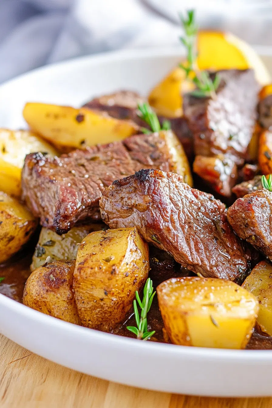 Close-up of crispy potato chunks and juicy beef bites glistening with herb butter