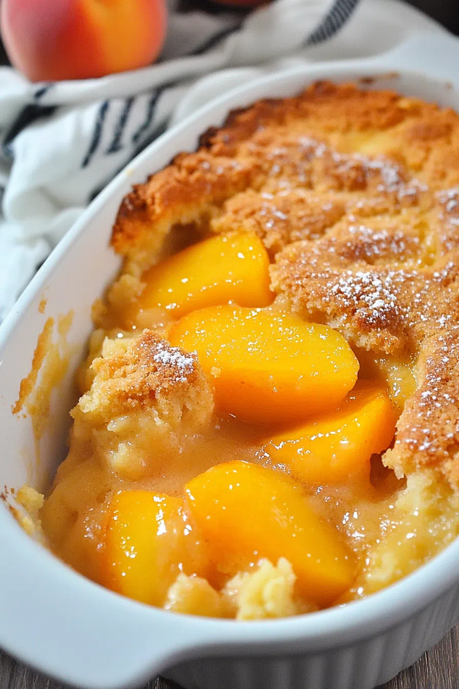 Rustic baked dish showing caramelized edges and juicy peaches underneath