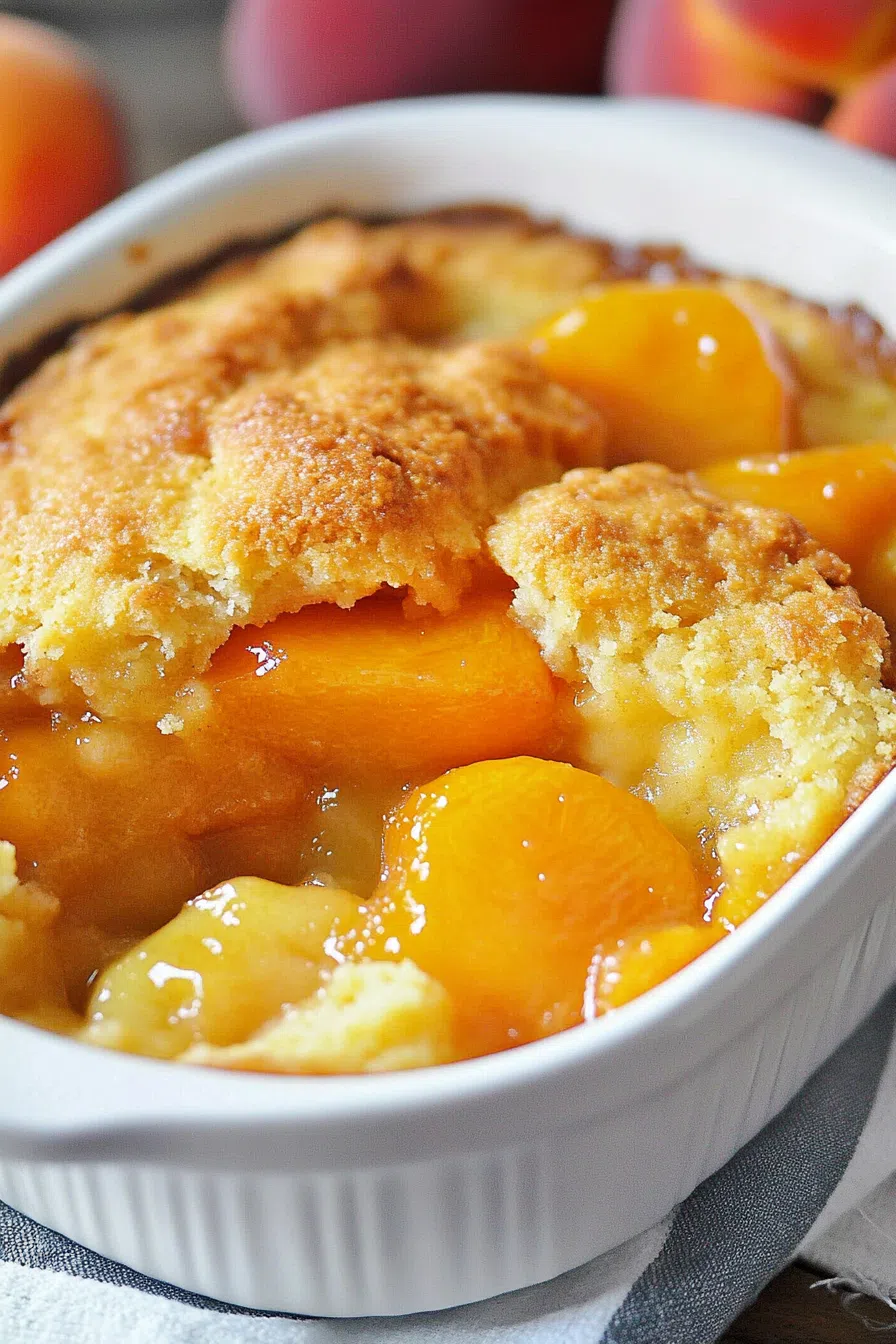 Golden-brown dessert with bubbling fruit filling and crisp edges in a baking dish