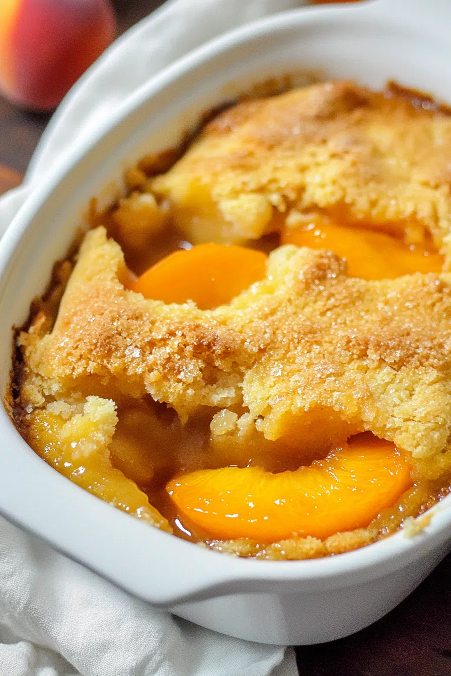 Overhead view of a freshly baked treat with caramelized topping and visible fruit