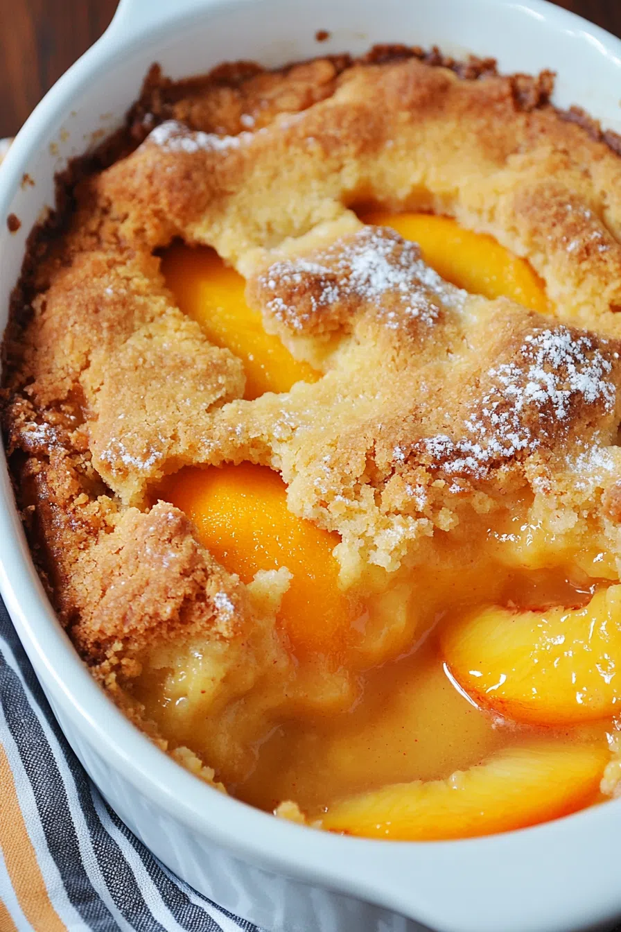 Baked fruit dessert in a white dish, ready to serve at a summer gathering