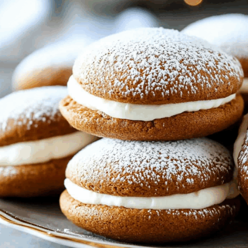 A stack of chewy cookies with a creamy center, ready to serve.