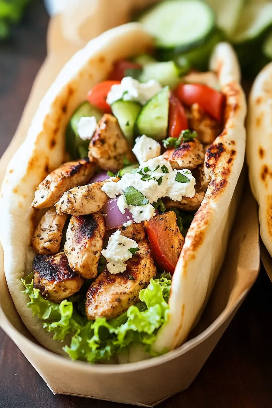 Overhead view of a pita wrap with colorful vegetables and creamy sauce.