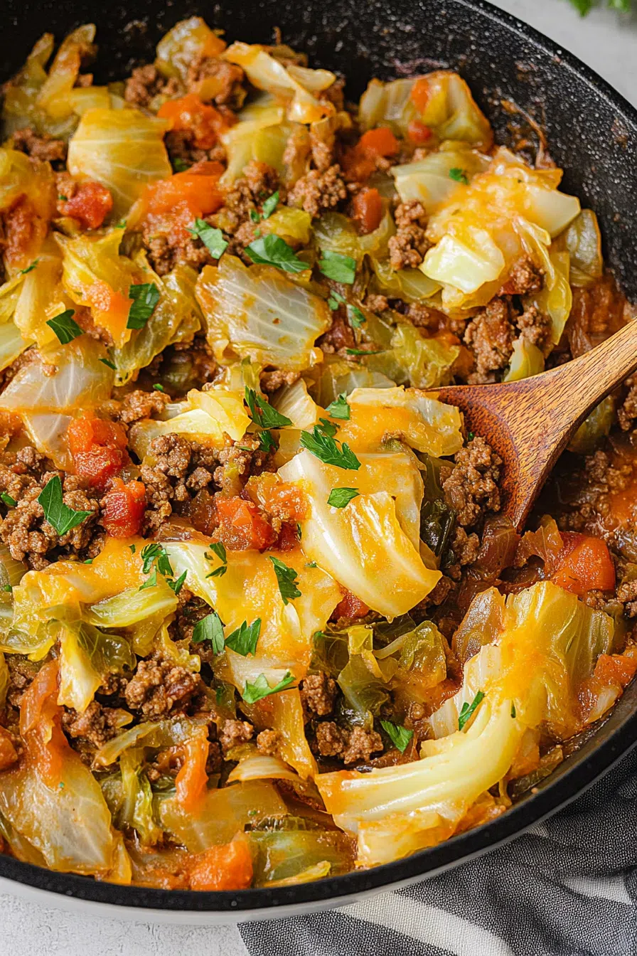 Cooked mixture of meat and veggies served directly in a cast iron pan