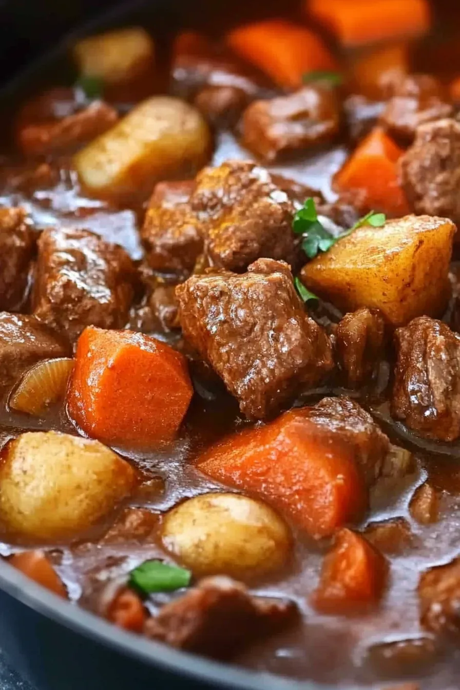 Close-up of tender meat and vegetables served in a rustic dish.