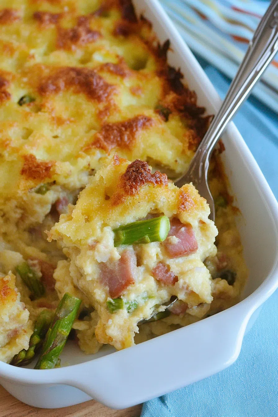 Close-up of a creamy, bubbly casserole fresh from the oven in a white baking dish.
