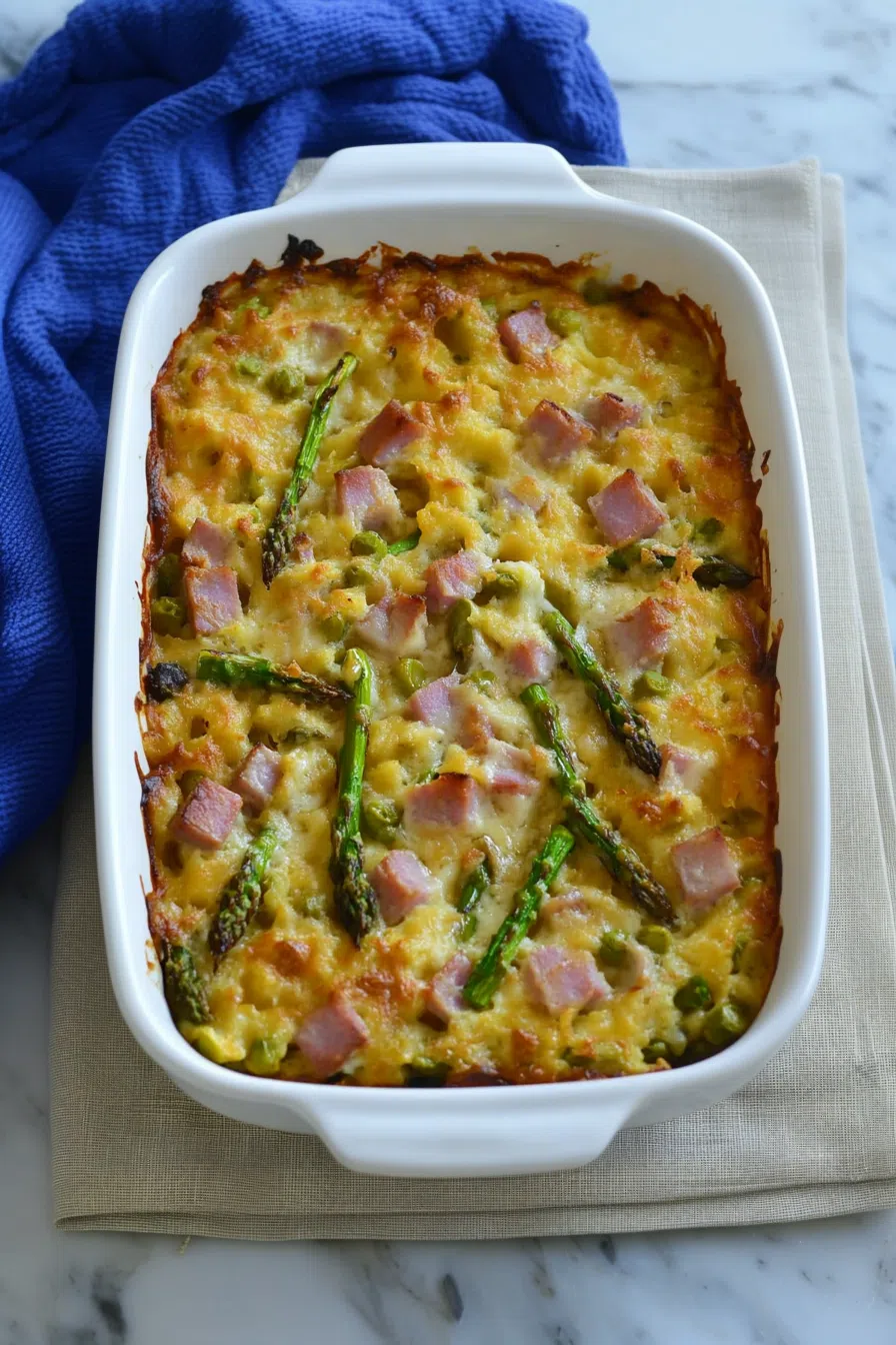 Golden-brown baked dish with visible green vegetable slices and melted cheese on top.