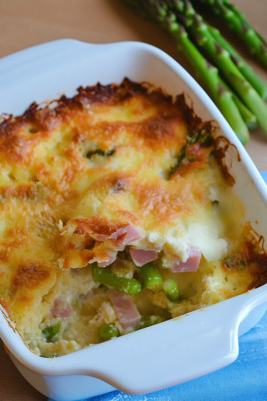 Close-up of a bubbling hot bake in a white ceramic pan, fresh from the oven.