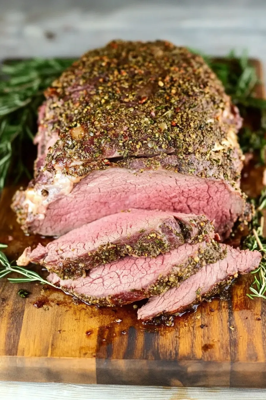 Close-up of juicy, medium-rare beef showing the seasoned crust.