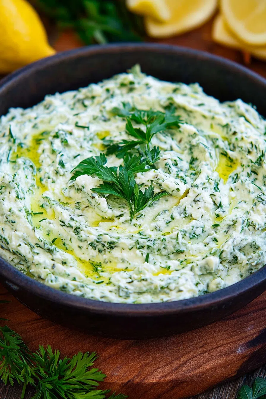 Creamy green dip served in a bowl with crackers and veggies.