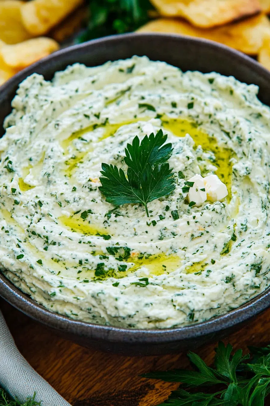 Close-up of a creamy appetizer showing flecks of herbs and spinach.