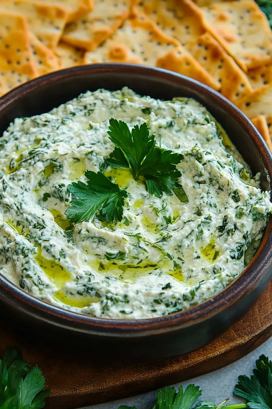 Bowl of herbed spinach dip surrounded by colorful dippable snacks.