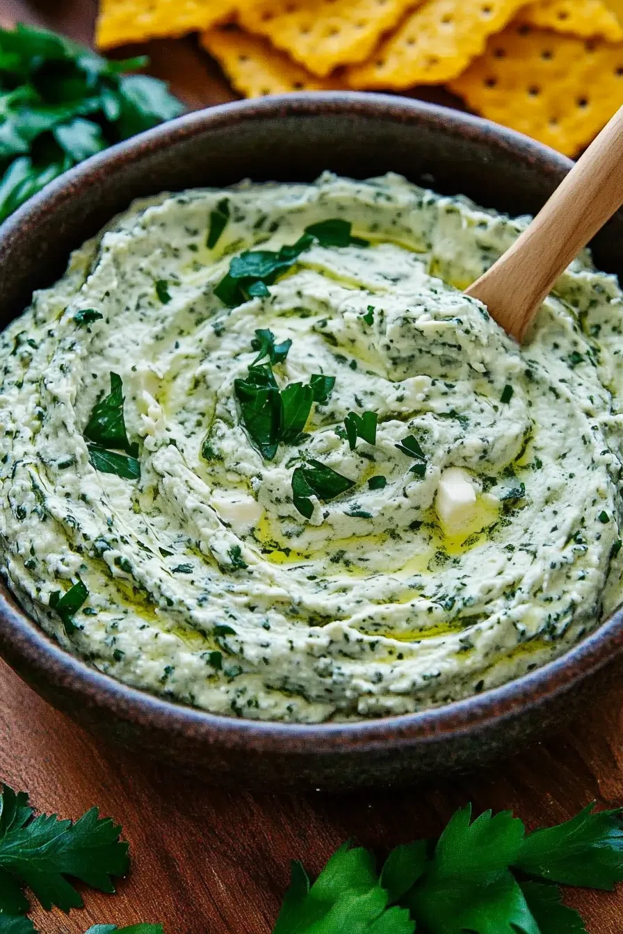 A rustic wooden board featuring sliced baguette and a bowl of dip.