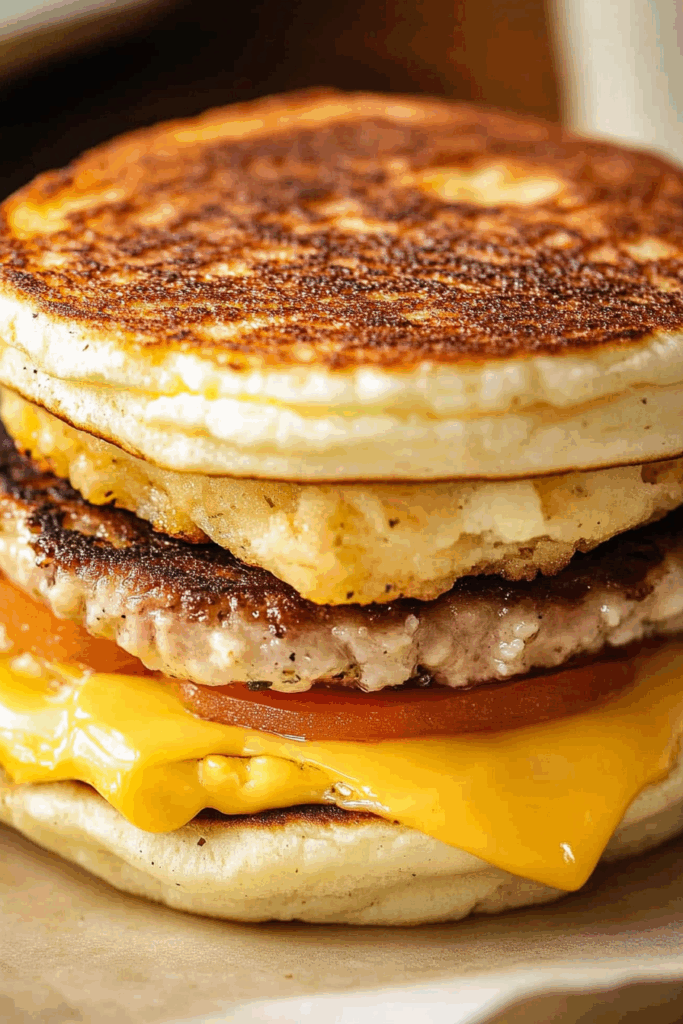 Close-up of a sweet and savory morning sandwich with golden griddle cakes
