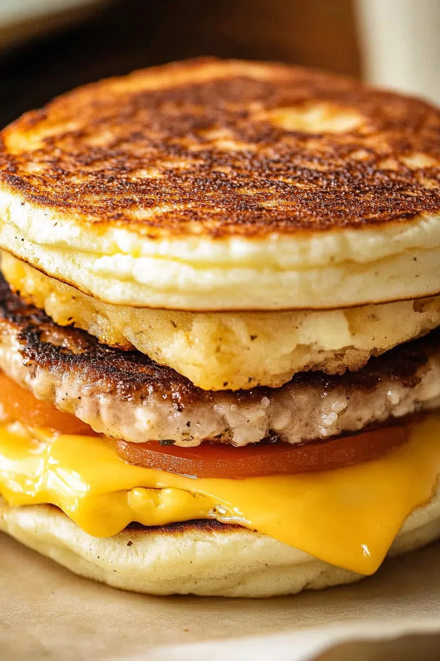 Close-up of a sweet and savory morning sandwich with golden griddle cakes