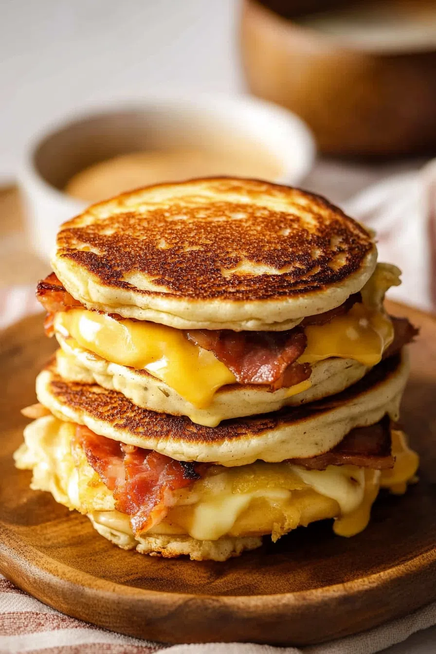 Overhead view of a homemade breakfast sandwich served on a plate with syrup on the side