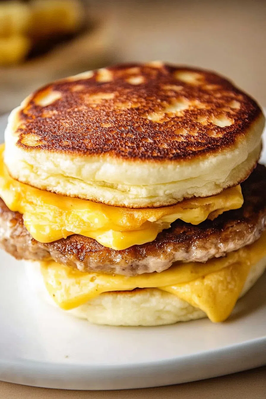 Warm, layered breakfast bite featuring melty cheese and maple-flavored bread