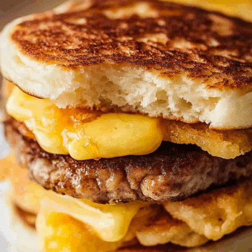 Stacked breakfast sandwich with fluffy pancakes, egg, cheese, and sausage