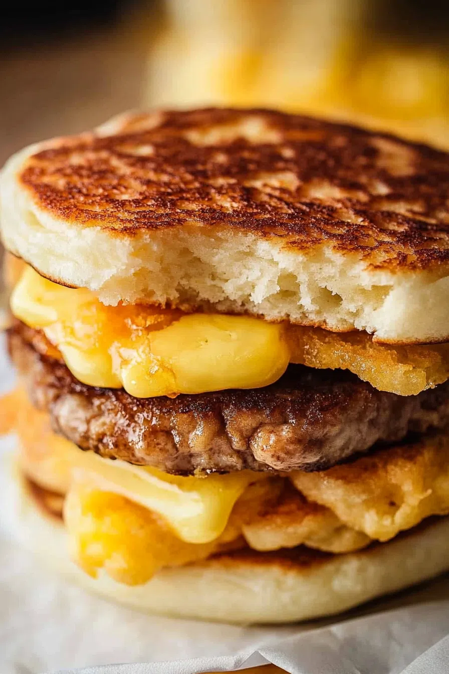 Stacked breakfast sandwich with fluffy pancakes, egg, cheese, and sausage