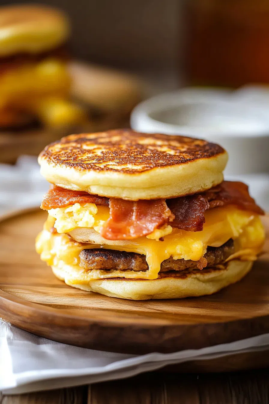 Golden pancake sandwich with savory filling, ready to eat