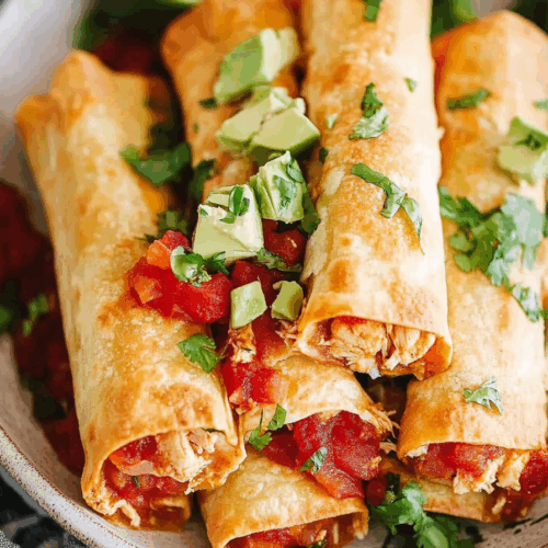 Close-up of rolled appetizers filled with shredded meat and lightly toasted edges.
