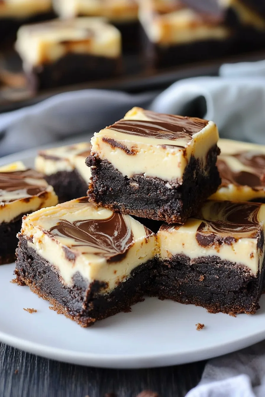 A decadent dessert with layers of rich chocolate brownie and creamy cheesecake.