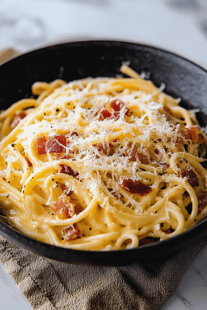 Warm pasta dish in a shallow bowl with a glossy, savory sauce