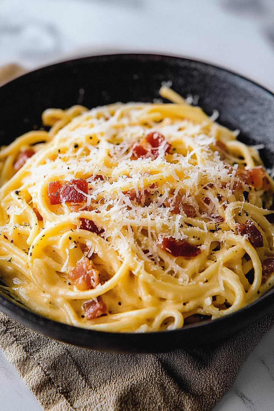 Warm pasta dish in a shallow bowl with a glossy, savory sauce