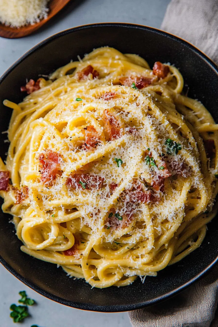 Creamy pasta dish twirled on a fork with crispy bits of meat on top