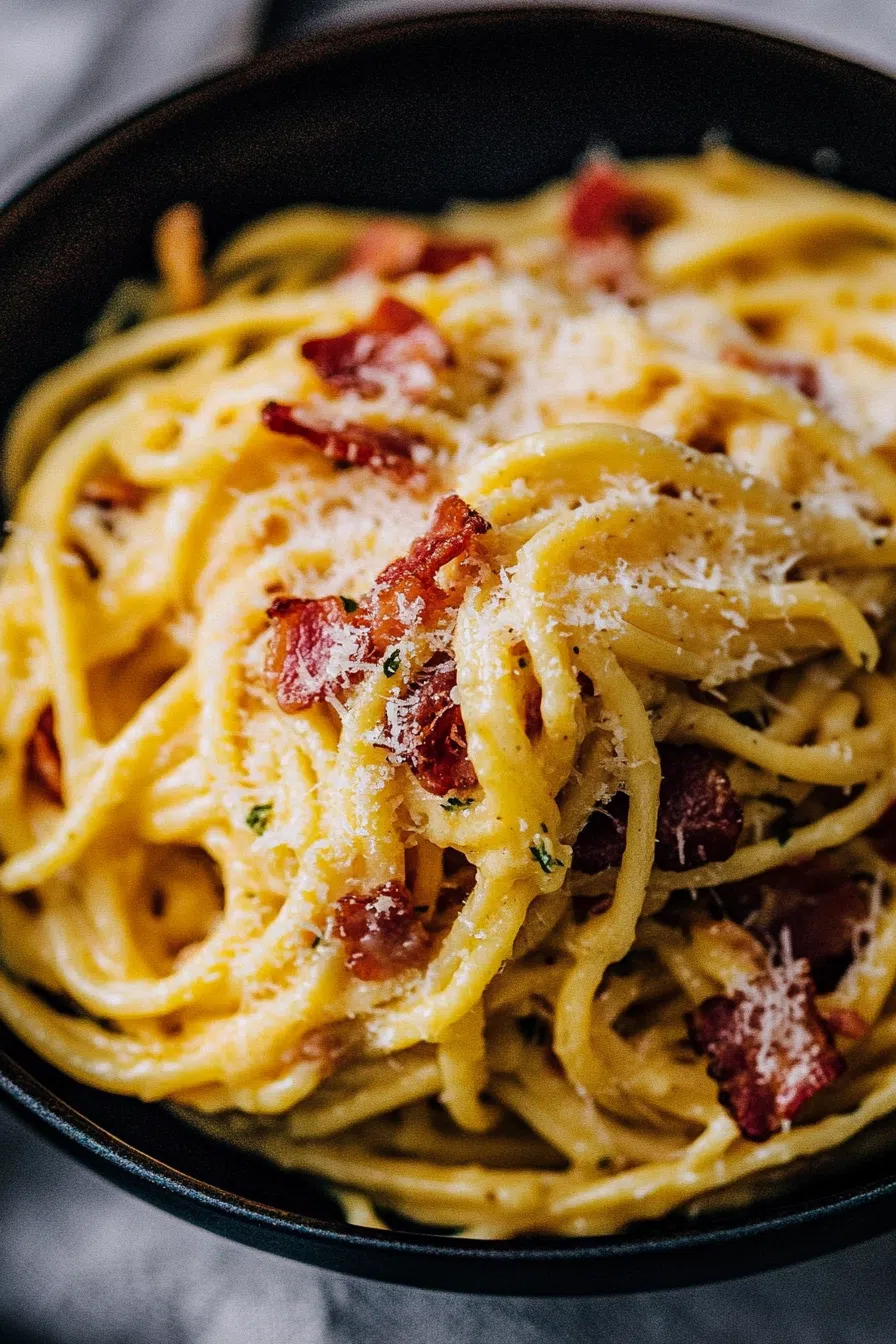 Close-up of a rich, egg-based sauce coating noodles, garnished with herbs