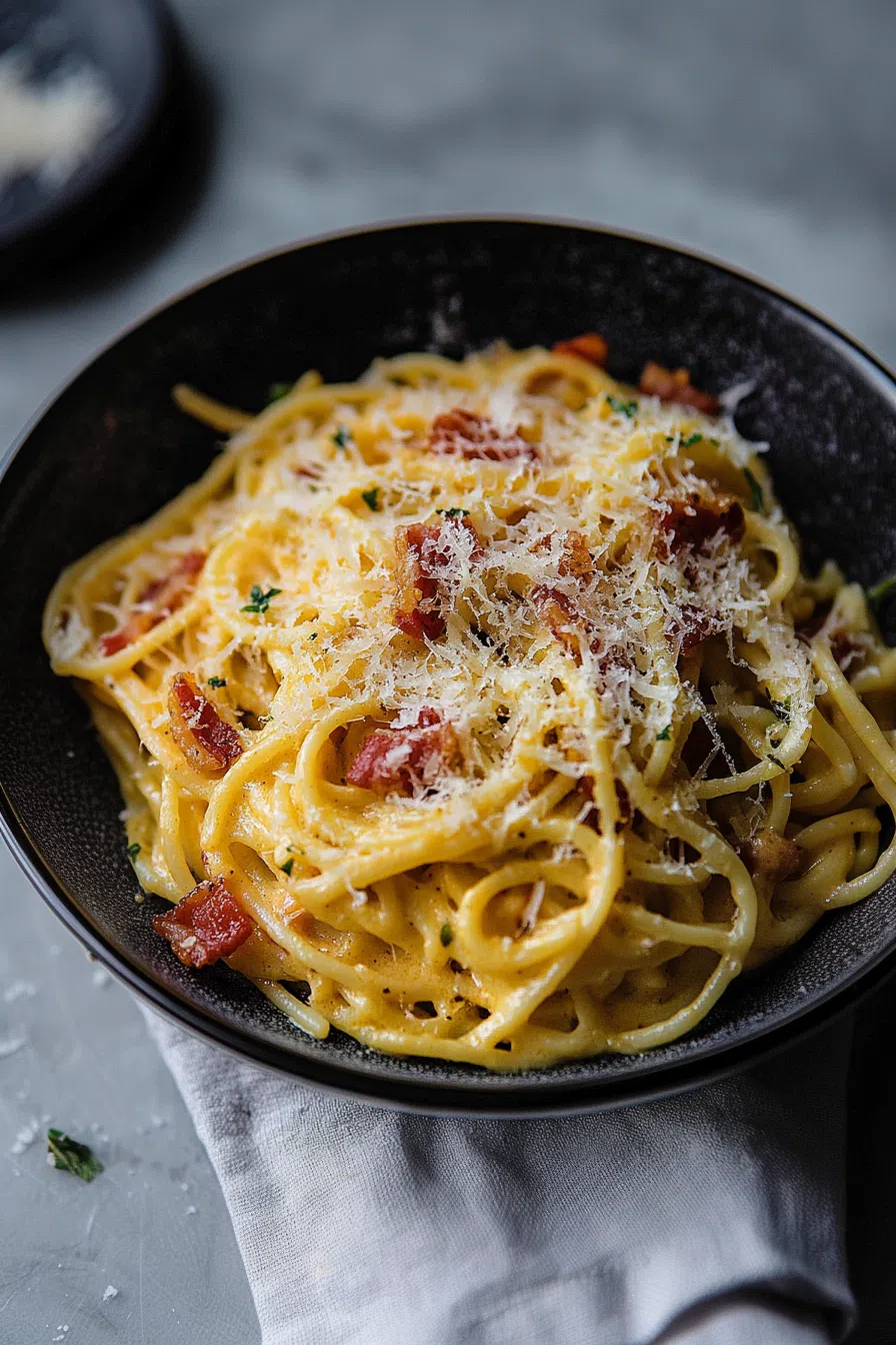 Overhead view of a plated pasta meal with a silky finish and golden-brown topping