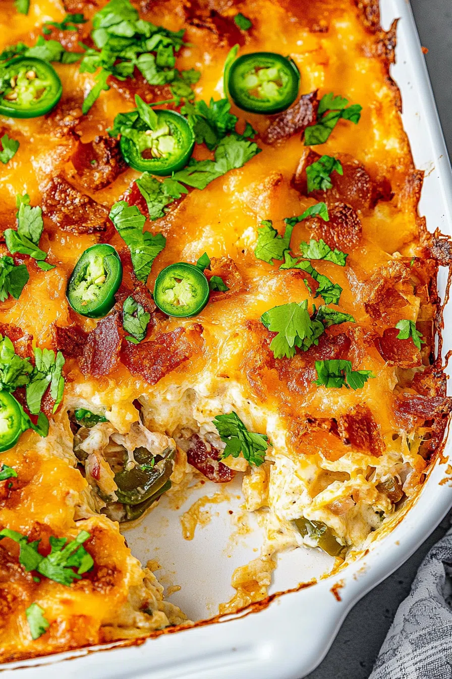 Close-up of a creamy, layered casserole with visible green pepper slices and bubbling top