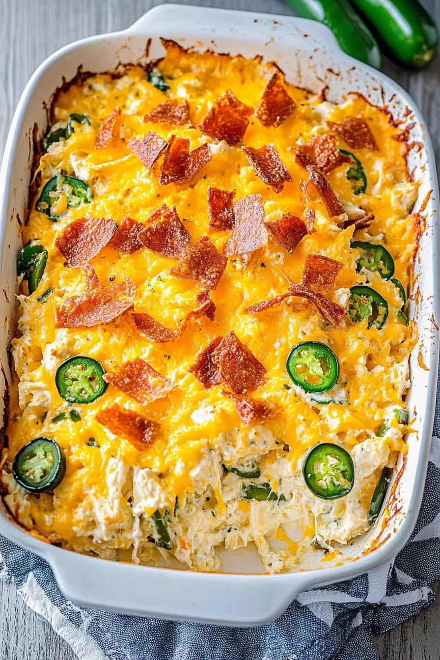 Baked dish topped with melted cheese, crispy bacon, and golden edges