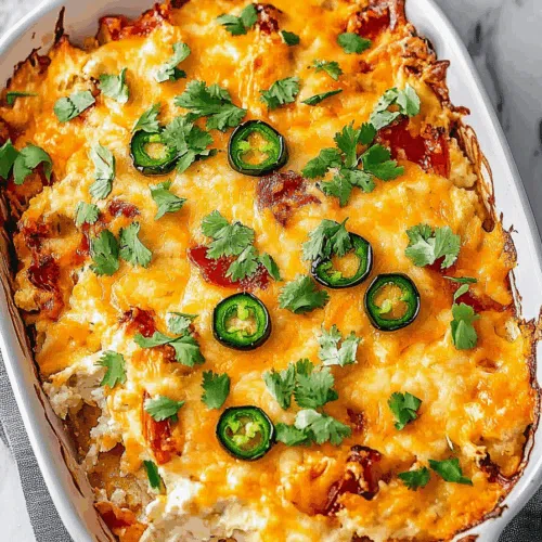 Crusty, golden-brown topping over a creamy filling, served in a white baking dish