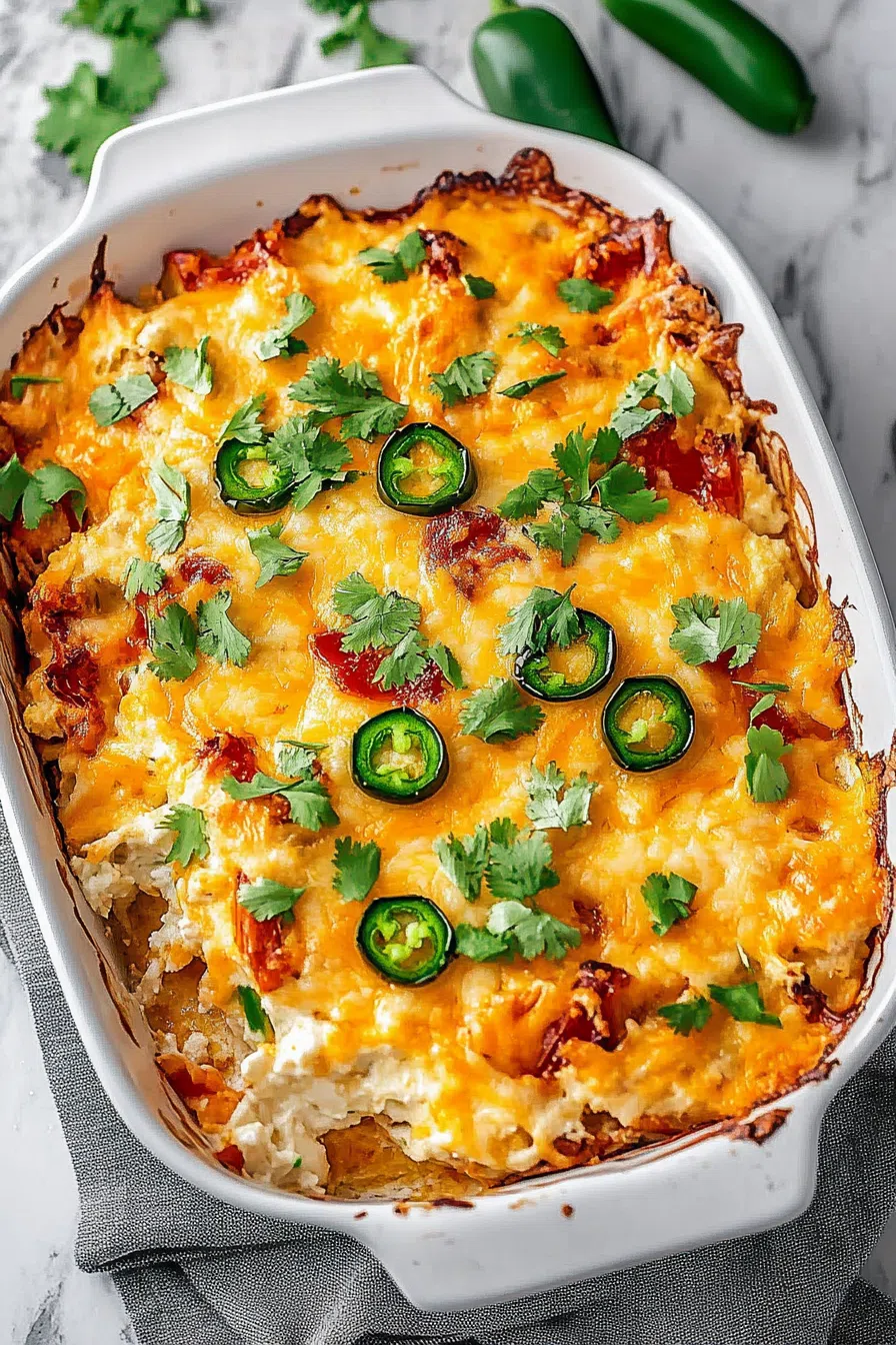 Crusty, golden-brown topping over a creamy filling, served in a white baking dish
