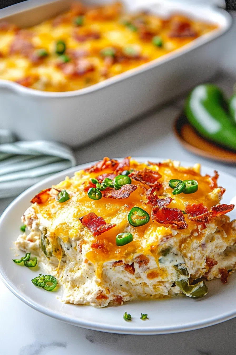 "Cheesy baked dish with a crispy topping and bits of bacon throughout