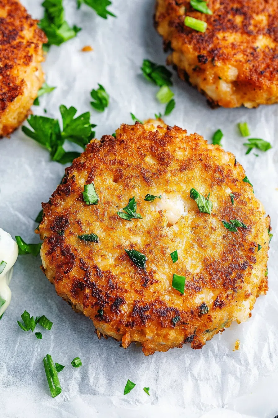 Close-up of browned cakes showing a crunchy texture and fresh herb topping.