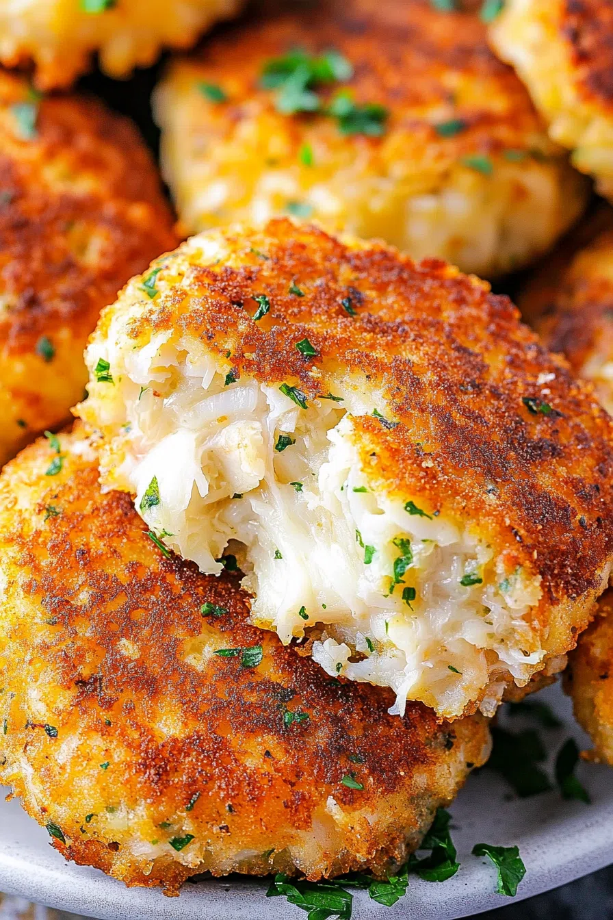 Close-up of crispy seafood patties with a flaky interior and parsley garnish.
