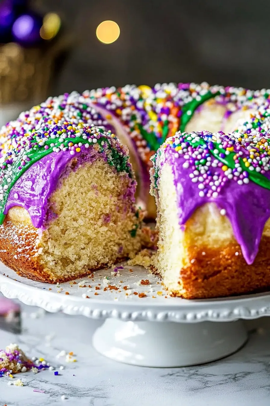 A slice revealing the soft, layered interior with a creamy filling.