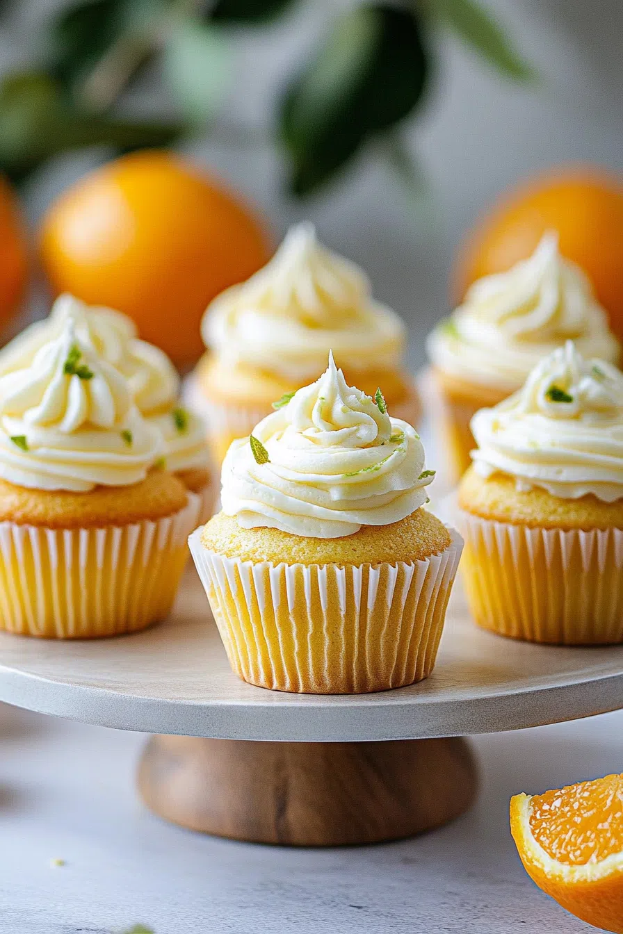 Frosted mini cakes topped with a small slice of orange, displayed on a white platter.