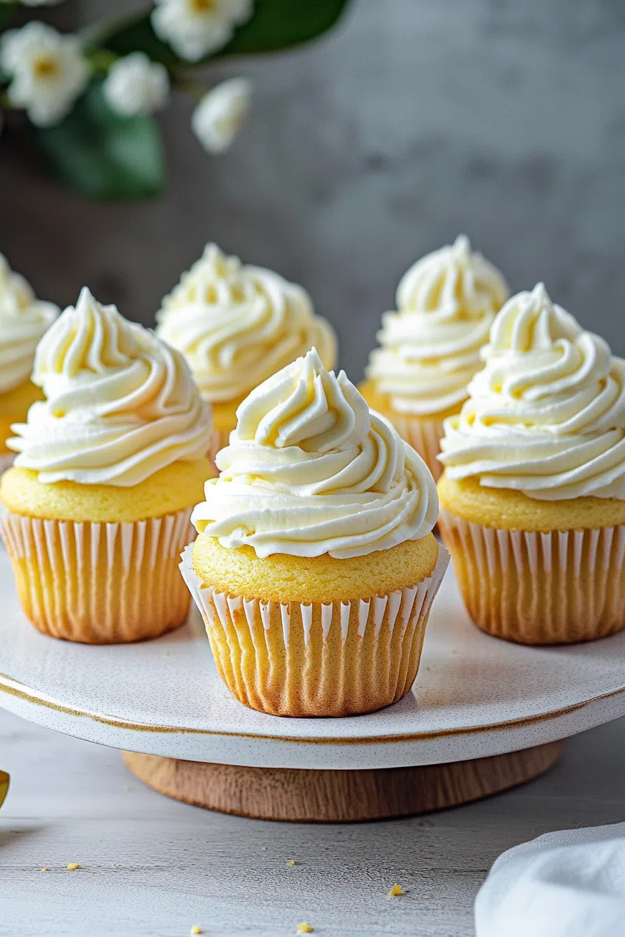 Individual baked treats arranged in a circle with piped frosting and bright fruit slices.