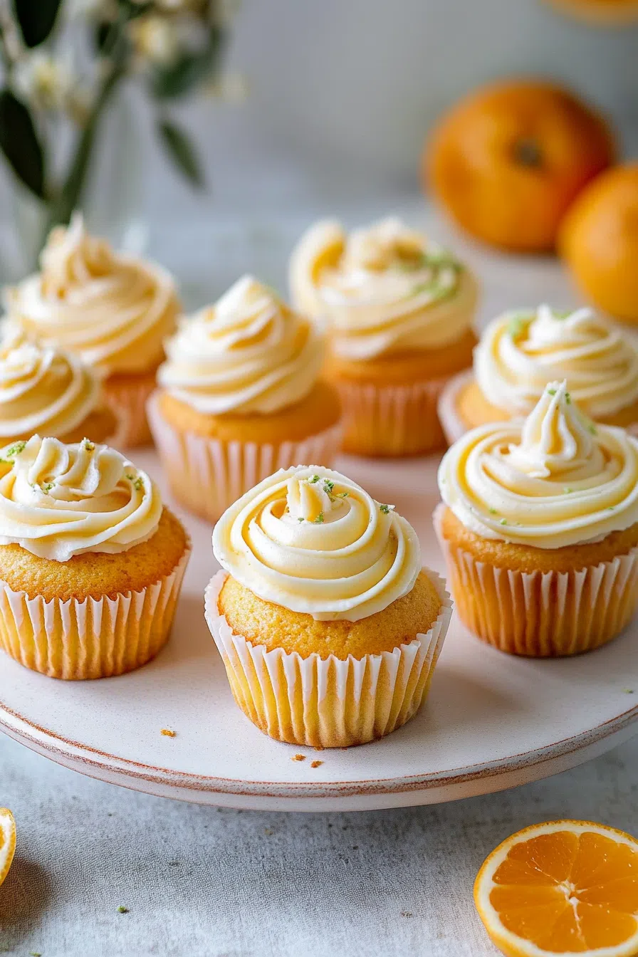 Top view of golden cupcakes with creamy tops and fresh citrus accents.