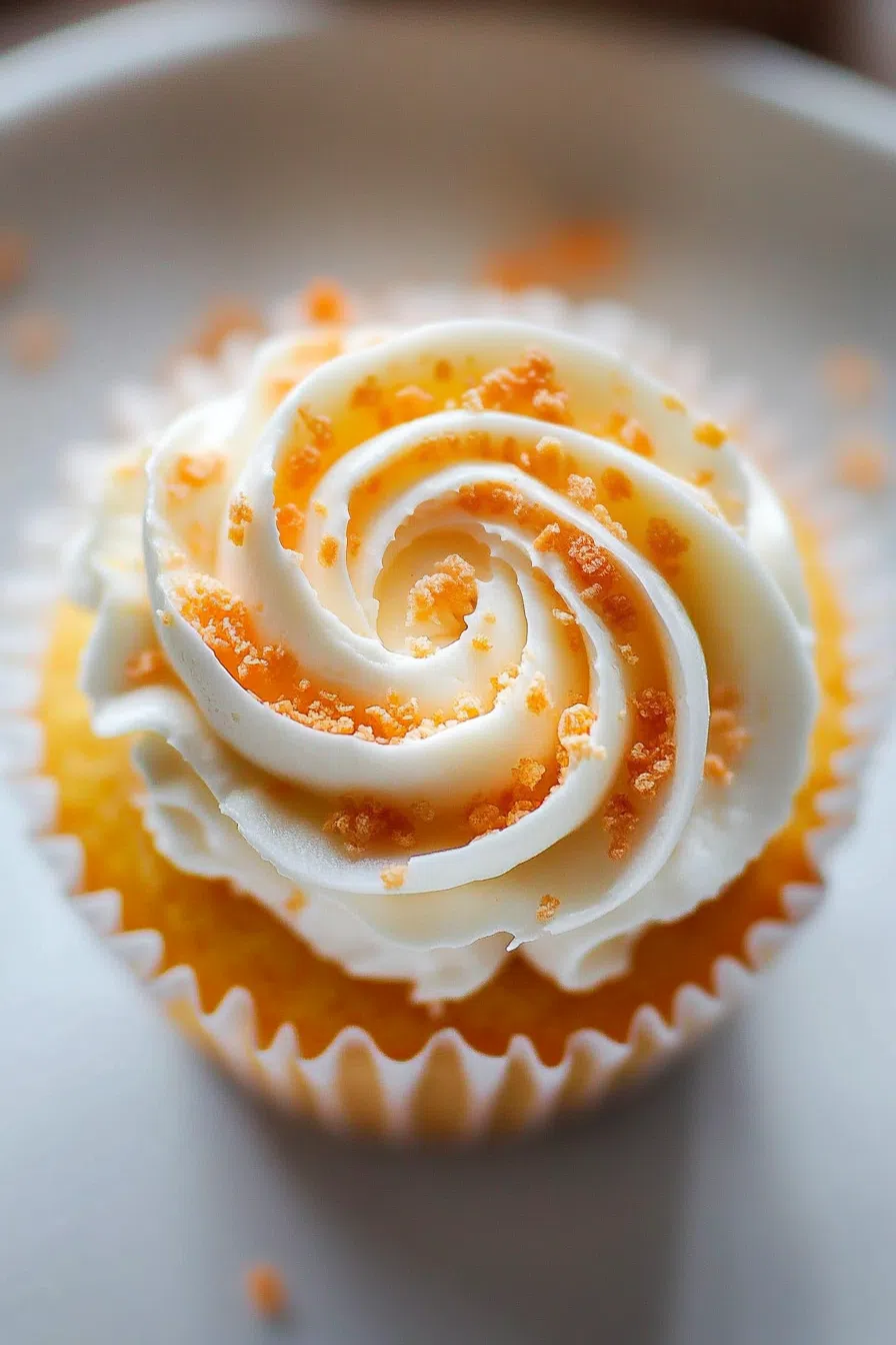 Close-up of a dessert with fluffy topping and a glossy fruit segment placed on top.