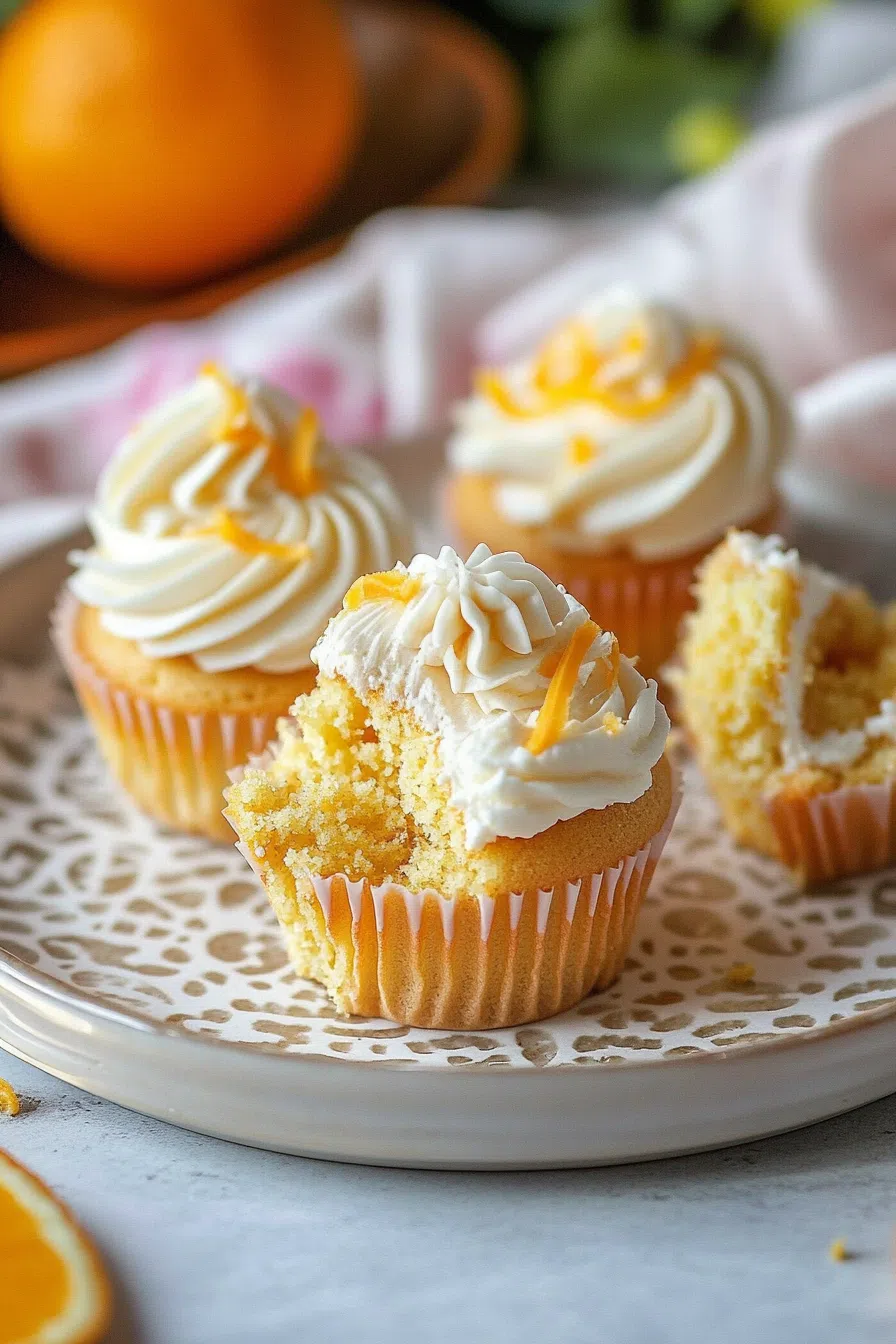 A group of cupcakes with swirled cream and citrus garnish