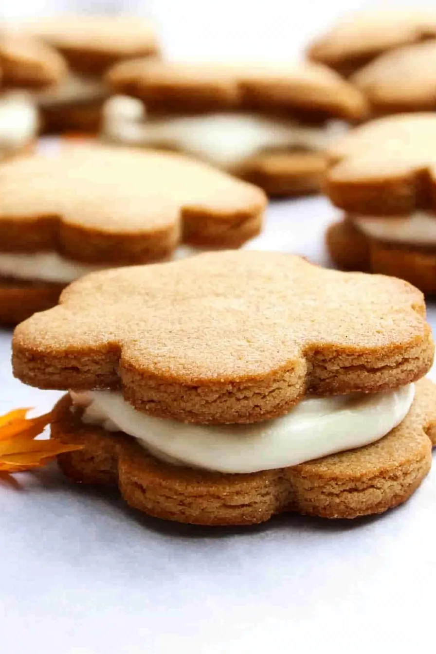Close-up of golden baked cookies stacked neatly on a plate