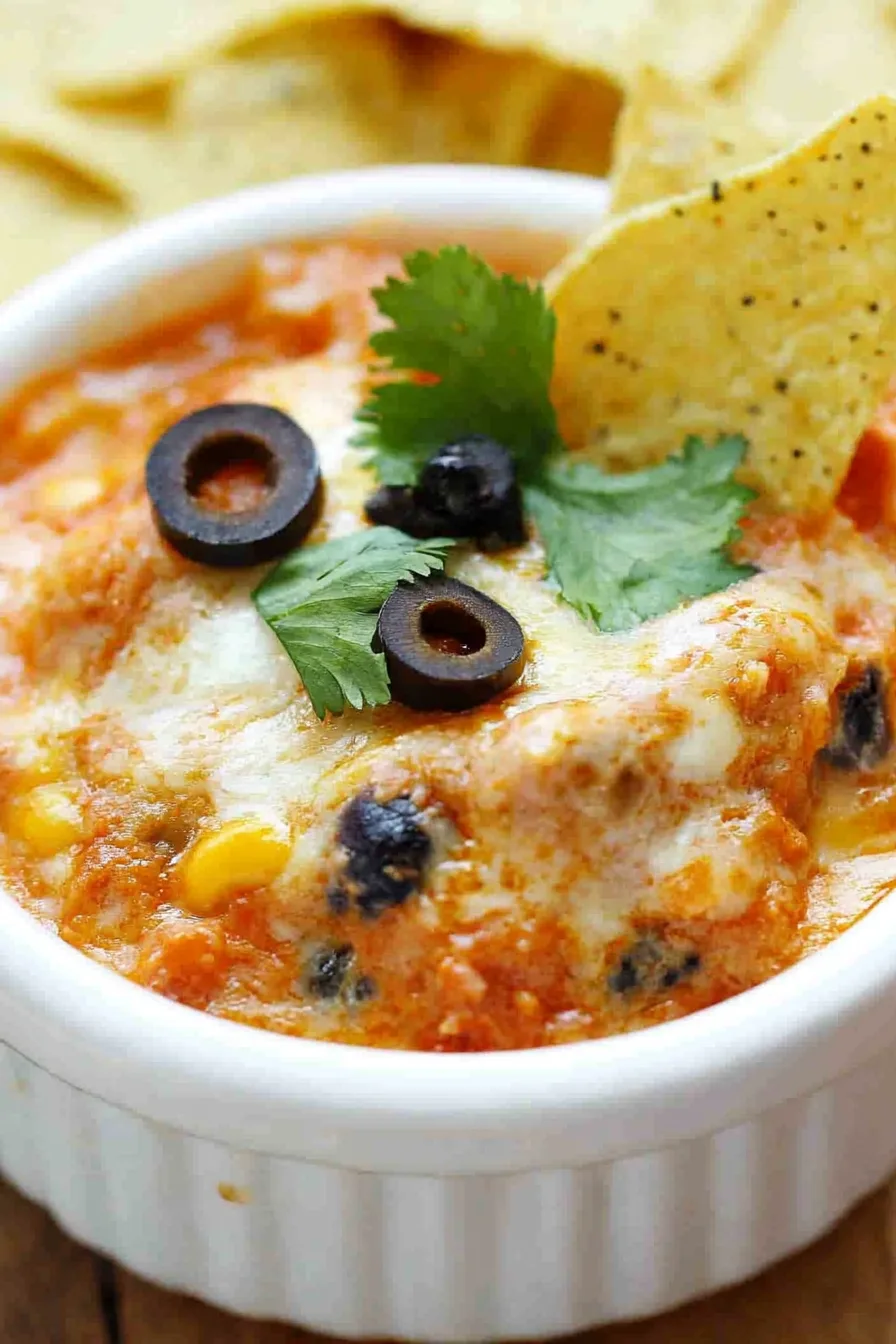 Close-up of cheesy appetizer with colorful toppings.