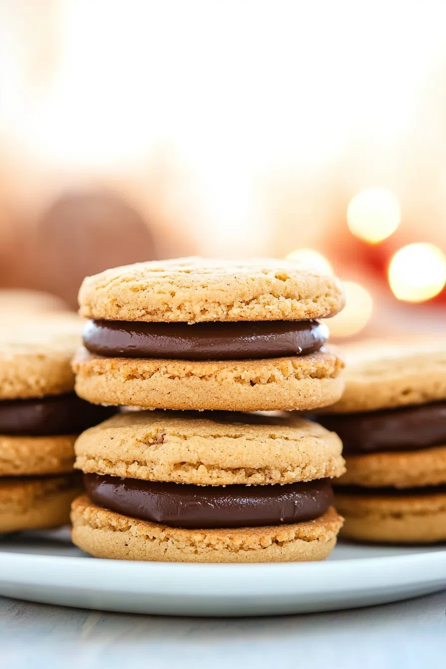 Close-up showing smooth chocolate layer between golden cookie rounds